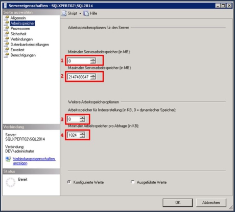 SQL Server Eigenschaften Arbeitsspeicher 